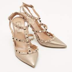 Pre Owned Valentino Metallic Bronze/Beige Leather Rockstud Pumps Size 38.5