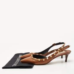 Pre Owned Valentino Brown Leather Rockstud Slingback Pumps Size 36.5