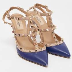 Pre Owned Valentino Blue/Dusty Pink Leather Rockstud Ankle Strap Pumps Size 37.5