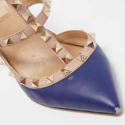 Pre Owned Valentino Blue/Dusty Pink Leather Rockstud Ankle Strap Pumps Size 37.5