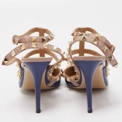 Pre Owned Valentino Blue/Dusty Pink Leather Rockstud Ankle Strap Pumps Size 37.5