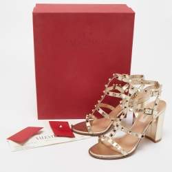 Valentino Gold Foil Leather Rockstud Strappy Block Heel Sandals Size 37