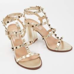 Valentino Gold Foil Leather Rockstud Strappy Block Heel Sandals Size 37