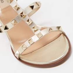 Valentino Gold Foil Leather Rockstud Strappy Block Heel Sandals Size 37