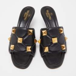 Pre Owned Valentino Black Leather Roman Stud Slide Sandals Size 37.5