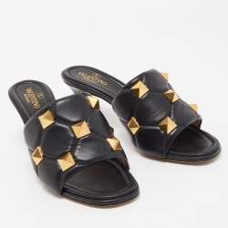 Pre Owned Valentino Black Leather Roman Stud Slide Sandals Size 37.5