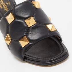 Pre Owned Valentino Black Leather Roman Stud Slide Sandals Size 37.5