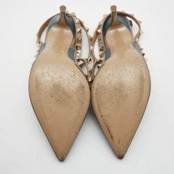 Pre Owned Valentino Blue/Dusty Pink Leather Rockstud Ankle Strap Pumps Size 36.5