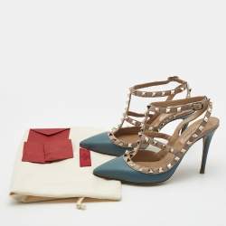 Pre Owned Valentino Blue/Dusty Pink Leather Rockstud Ankle Strap Pumps Size 36.5