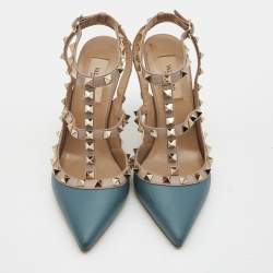 Pre Owned Valentino Blue/Dusty Pink Leather Rockstud Ankle Strap Pumps Size 36.5