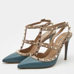 Pre Owned Valentino Blue/Dusty Pink Leather Rockstud Ankle Strap Pumps Size 36.5