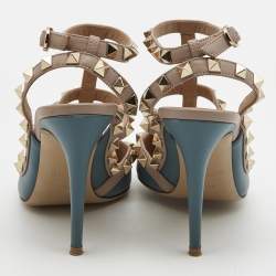 Pre Owned Valentino Blue/Dusty Pink Leather Rockstud Ankle Strap Pumps Size 36.5