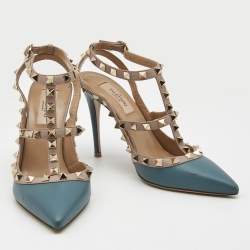 Pre Owned Valentino Blue/Dusty Pink Leather Rockstud Ankle Strap Pumps Size 36.5