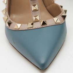 Pre Owned Valentino Blue/Dusty Pink Leather Rockstud Ankle Strap Pumps Size 36.5