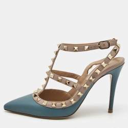 Pre Owned Valentino Blue/Dusty Pink Leather Rockstud Ankle Strap Pumps Size 36.5