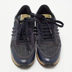 Pre Owned Valentino Navy Blue Denim and Leather Rockstud Sneakers Size 36.5
