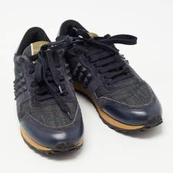Pre Owned Valentino Navy Blue Denim and Leather Rockstud Sneakers Size 36.5
