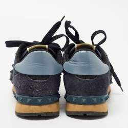 Pre Owned Valentino Navy Blue Denim and Leather Rockstud Sneakers Size 36.5