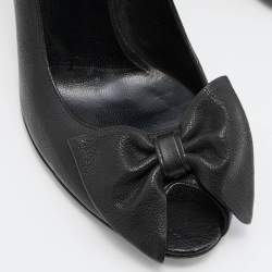 Pre Owned Valentino Black Leather Bow Peep Toe Pumps Size 38.5