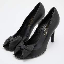 Pre Owned Valentino Black Leather Bow Peep Toe Pumps Size 38.5