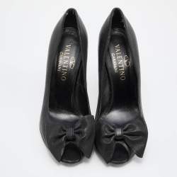 Pre Owned Valentino Black Leather Bow Peep Toe Pumps Size 38.5