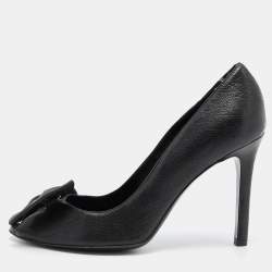 Pre Owned Valentino Black Leather Bow Peep Toe Pumps Size 38.5
