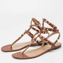 Pre Owned Valentino Brown Leather Rockstud Caged Flats Size 40
