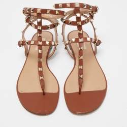 Pre Owned Valentino Brown Leather Rockstud Caged Flats Size 40