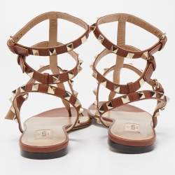 Pre Owned Valentino Brown Leather Rockstud Caged Flats Size 40