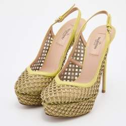 Pre Owned Valentino Yellow Leather Studded Platform Slingback Pumps Size 37.5