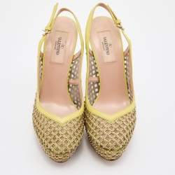Pre Owned Valentino Yellow Leather Studded Platform Slingback Pumps Size 37.5