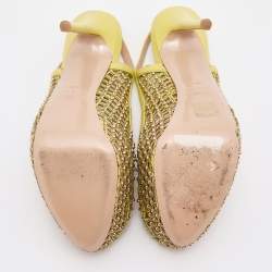 Pre Owned Valentino Yellow Leather Studded Platform Slingback Pumps Size 37.5