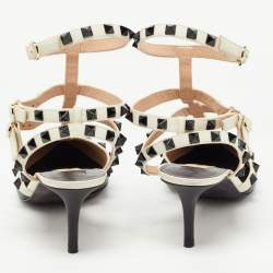 Pre Owned Valentino Black/White Leather Rockstud Cage Pumps Size 37.5