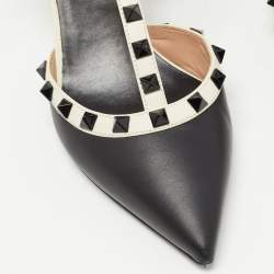 Pre Owned Valentino Black/White Leather Rockstud Cage Pumps Size 37.5
