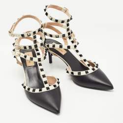 Pre Owned Valentino Black/White Leather Rockstud Cage Pumps Size 37.5