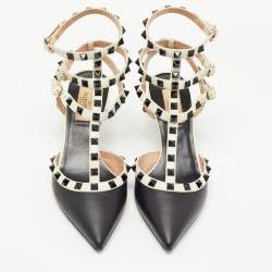 Pre Owned Valentino Black/White Leather Rockstud Cage Pumps Size 37.5