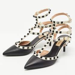 Pre Owned Valentino Black/White Leather Rockstud Cage Pumps Size 37.5