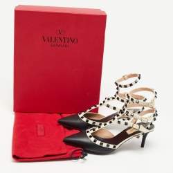 Pre Owned Valentino Black/White Leather Rockstud Cage Pumps Size 37.5