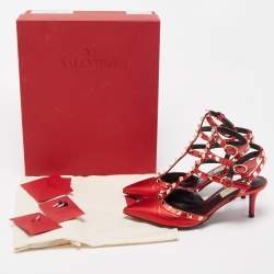 Pre Owned Valentino Metallic Red Leather Rockstud Ankle Strap Pumps Size 36.5 