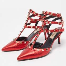 Pre Owned Valentino Metallic Red Leather Rockstud Ankle Strap Pumps Size 36.5 