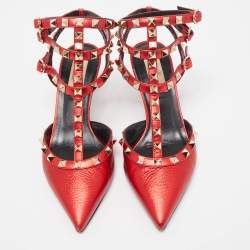 Pre Owned Valentino Metallic Red Leather Rockstud Ankle Strap Pumps Size 36.5 