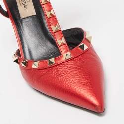 Pre Owned Valentino Metallic Red Leather Rockstud Ankle Strap Pumps Size 36.5 