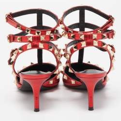 Pre Owned Valentino Metallic Red Leather Rockstud Ankle Strap Pumps Size 36.5 