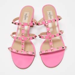 Pre Owned Valentino Pink Leather Rockstud Slide Sandals Size 40