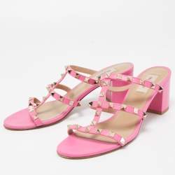 Pre Owned Valentino Pink Leather Rockstud Slide Sandals Size 40