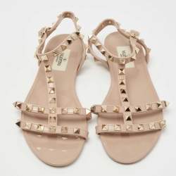 Pre Owned Valentino Beige Rubber Rockstud Ankle Strap Flats Size 37