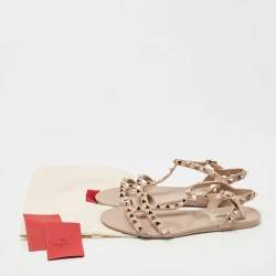 Pre Owned Valentino Beige Rubber Rockstud Ankle Strap Flats Size 37