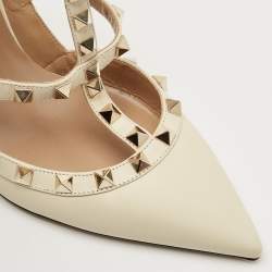 Pre Owned Valentino Cream Leather Rockstud Ankle Strap Pumps Size 39