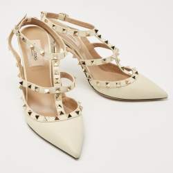 Pre Owned Valentino Cream Leather Rockstud Ankle Strap Pumps Size 39
