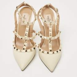 Pre Owned Valentino Cream Leather Rockstud Ankle Strap Pumps Size 39